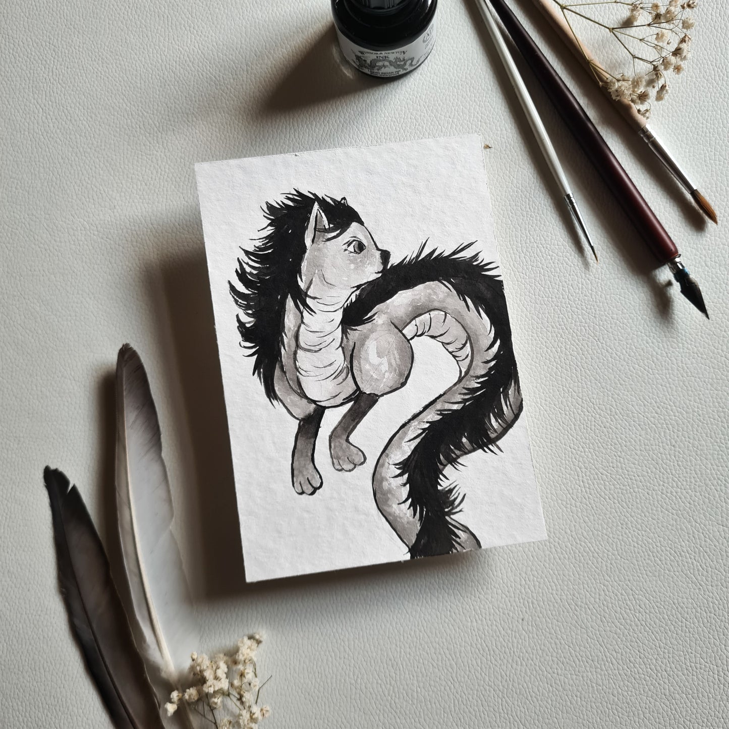 Original Ink Zeichnungen - Das mystische KatzendrachenWesen