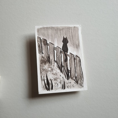 Original Ink Zeichnungen - Katze auf einem Zaun