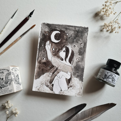 Original Ink Zeichnungen - Katze in den Wolken